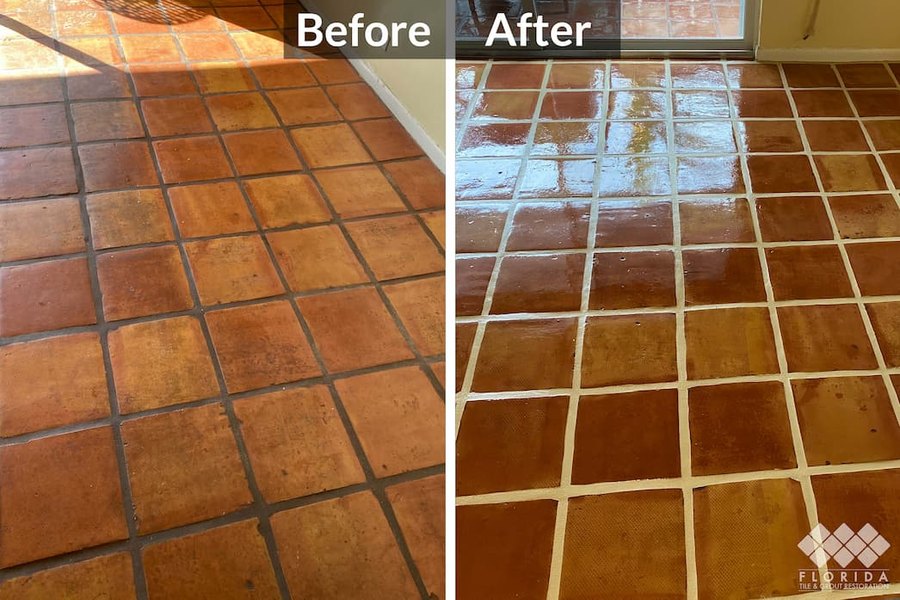 Terracotta tile floor restoration, before and after