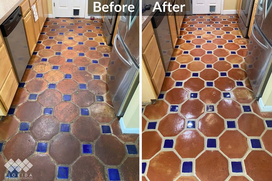 Saltillo tile floor restoration, before and after