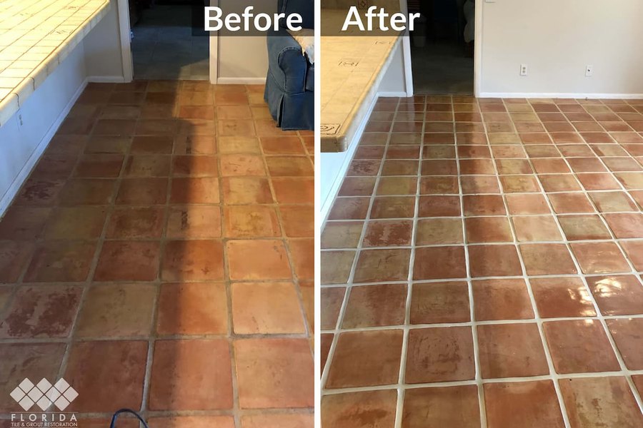 Kitchen tile floor restoration, before and after