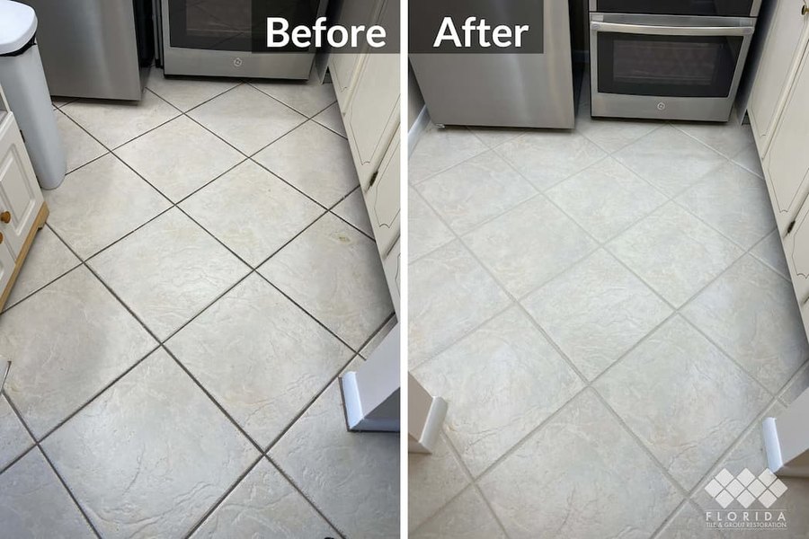 Kitchen floor tile cleaning, before and after